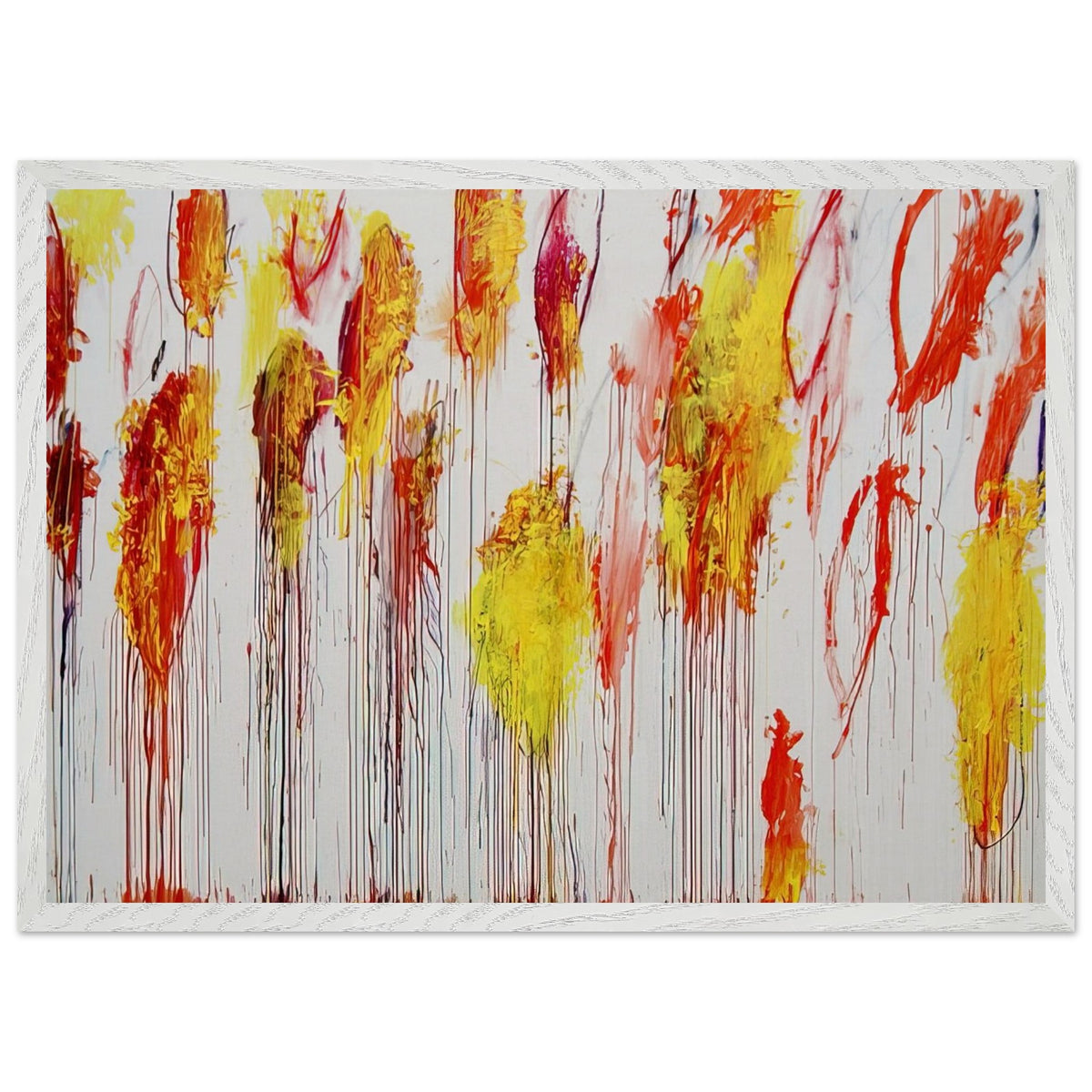 Lepanto, Part XII by Cy Twombly framed art print; featuring vibrant golden-yellow and orange brushstrokes, fiery red and crimson accents; size 30 × 45 cm (12 × 18 in); white frame.