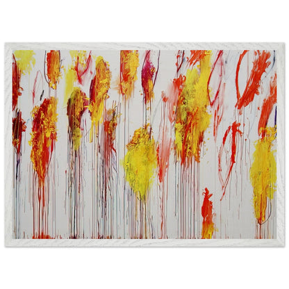 Lepanto, Part XII by Cy Twombly framed art print; featuring vibrant golden-yellow and orange brushstrokes, fiery red and crimson accents; size 30 × 45 cm (12 × 18 in); white frame.