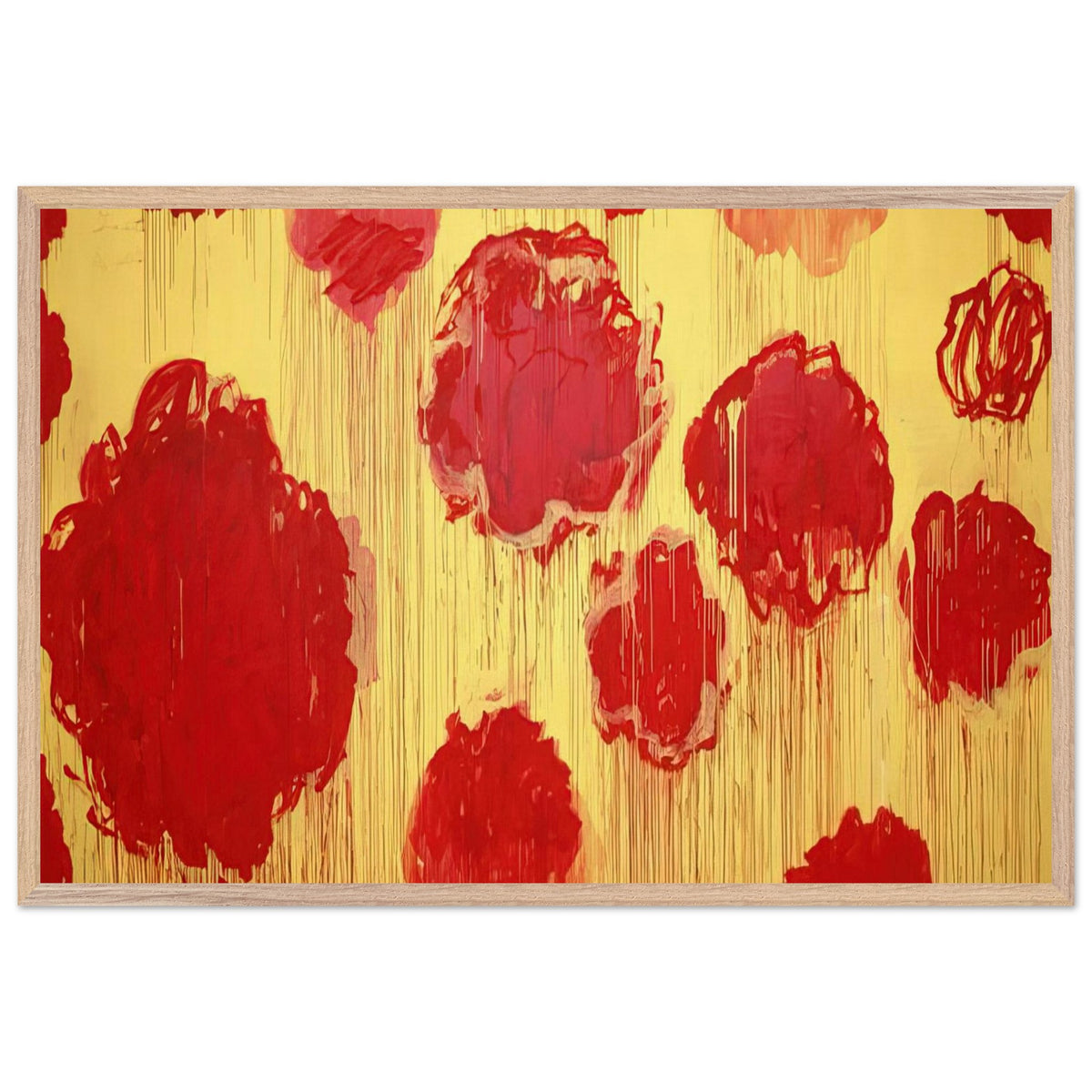 Untitled (Peonias Series) by Cy Twombly framed art print; featuring bold crimson-red and scarlet flower forms against a luminous golden-yellow background; size 70 × 100 cm (28 × 40 in); white frame.