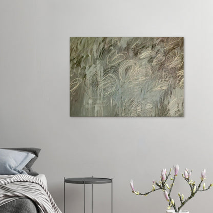 III Notes from Salalah (Note II) by Cy Twombly canvas print: a layered gray-green background covered with sweeping ivory loops, delicate pale lines….