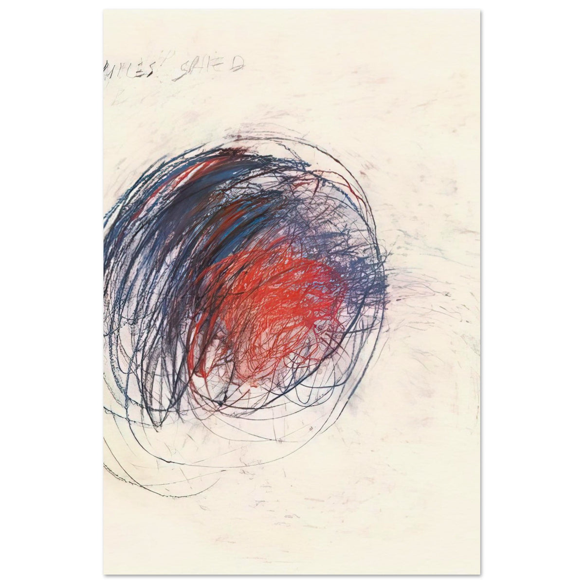 Fifty Days at Iliam: Shield of Achilles by Cy Twombly, poster, 20x25 cm / 8x10″; intricate black lines, expressive red strokes, deep blue accents