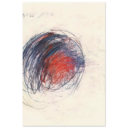 Fifty Days at Iliam: Shield of Achilles by Cy Twombly, poster, 20x25 cm / 8x10″; intricate black lines, expressive red strokes, deep blue accents