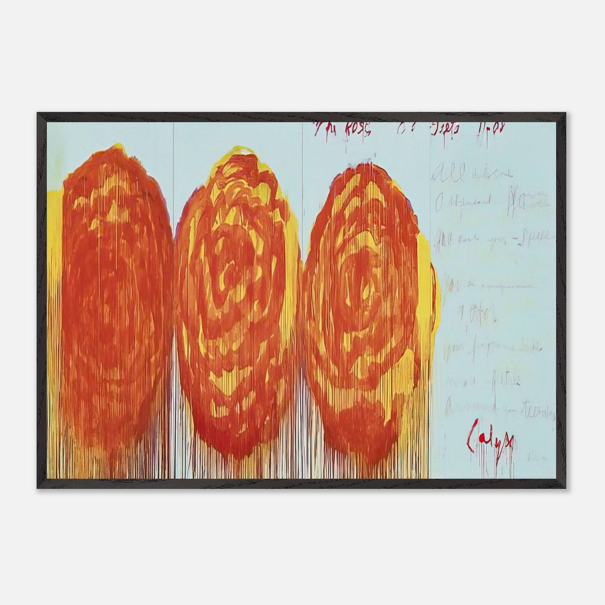 The Rose (II) by Cy Twombly framed art print; featuring three oversized rose-like forms in vibrant orange, fiery red.