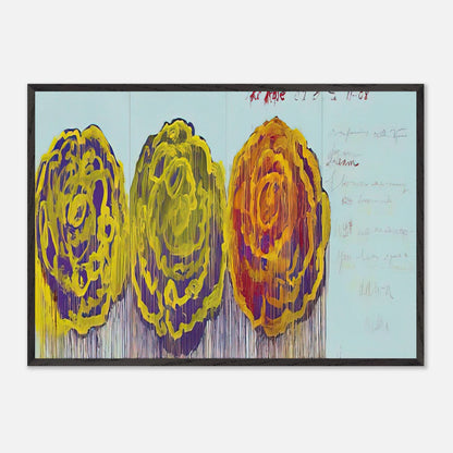 The Rose (III) by Cy Twombly framed art print; featuring three oversized rose-like forms in vivid golden yellow, fiery orange, rich magenta.