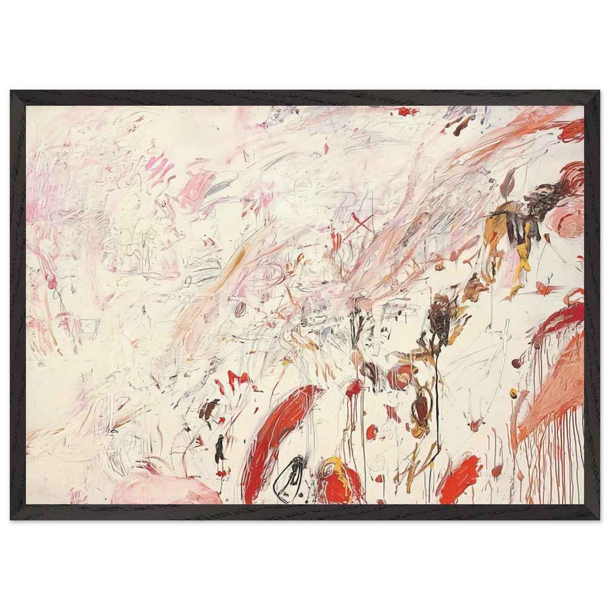 Ferragosto III by Cy Twombly framed art print; featuring energetic brushstrokes, delicate scribbles, and layered gestures in shades of red, pink, rust, orange, ochre; size 50 × 70 cm (20 × 28 in); wood frame.