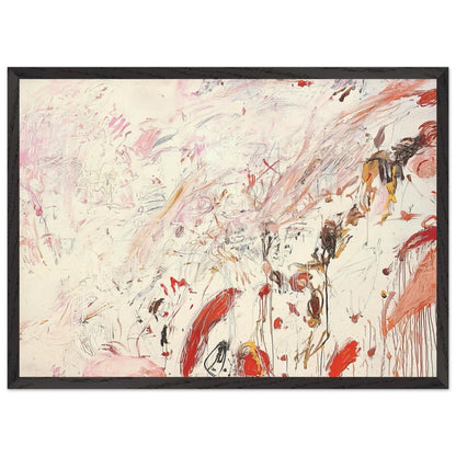 Ferragosto III by Cy Twombly framed art print; featuring energetic brushstrokes, delicate scribbles, and layered gestures in shades of red, pink, rust, orange, ochre; size 50 × 70 cm (20 × 28 in); wood frame.