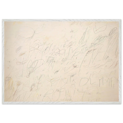 Olympia by Cy Twombly framed art print; featuring a warm ivory and pale cream background covered with delicate pencil-like lines, overlapping scribbles; size 30 × 45 cm (12 × 18 in); wood frame.