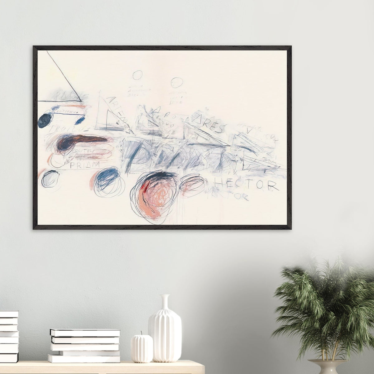 Fifty Days at Iliam: Ilians in Battle by Cy Twombly framed art print; featuring delicate blue-gray lines, energetic red marks, overlapping geometric shapes.