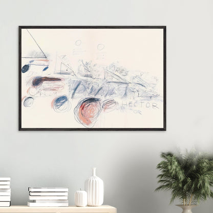 Fifty Days at Iliam: Ilians in Battle by Cy Twombly framed art print; featuring delicate blue-gray lines, energetic red marks, overlapping geometric shapes.