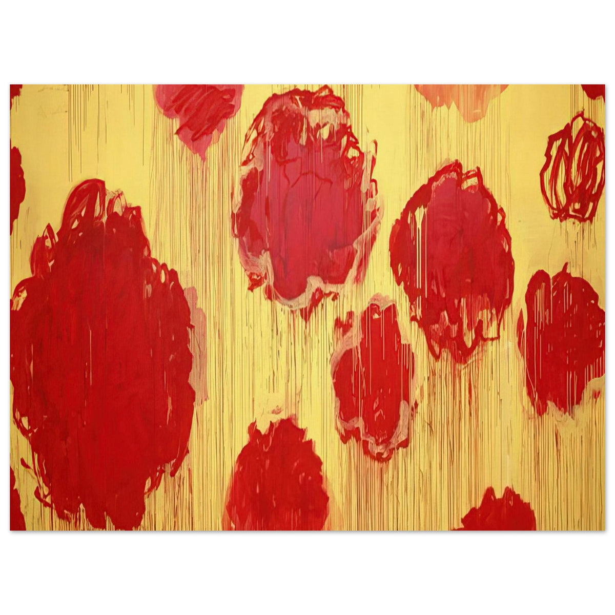 Untitled (Peonias series) by Cy Twombly poster, 30 × 40 cm / 12 × 16 in: This expressive composition features bold red and crimson forms against a luminous golden-yellow….