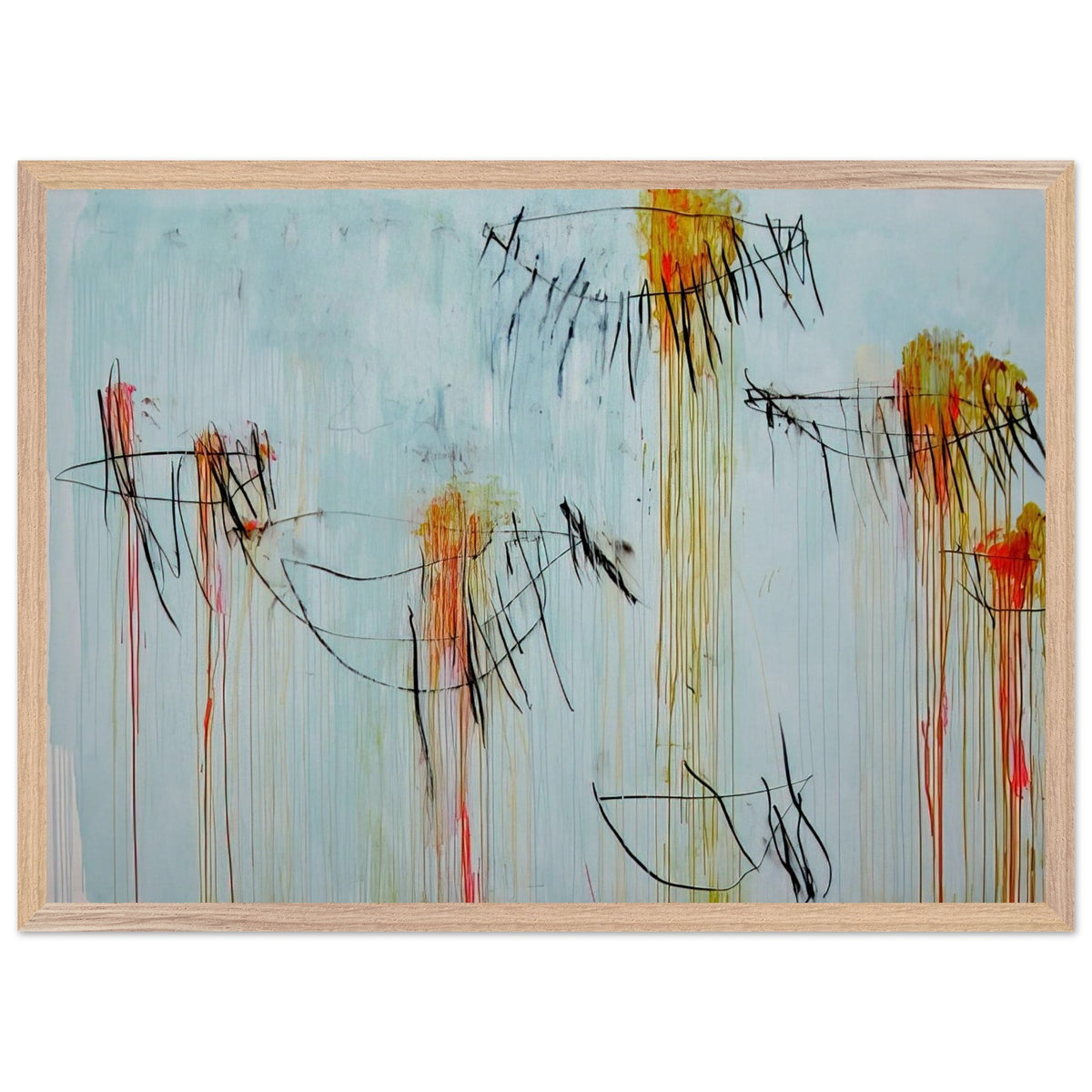 Lepanto, Part II by Cy Twombly framed art print; featuring a luminous turquoise-blue background, energetic black gestural lines, and vivid accents of yellow, orange; size 30 × 45 cm (12 × 18 in); wood frame.
