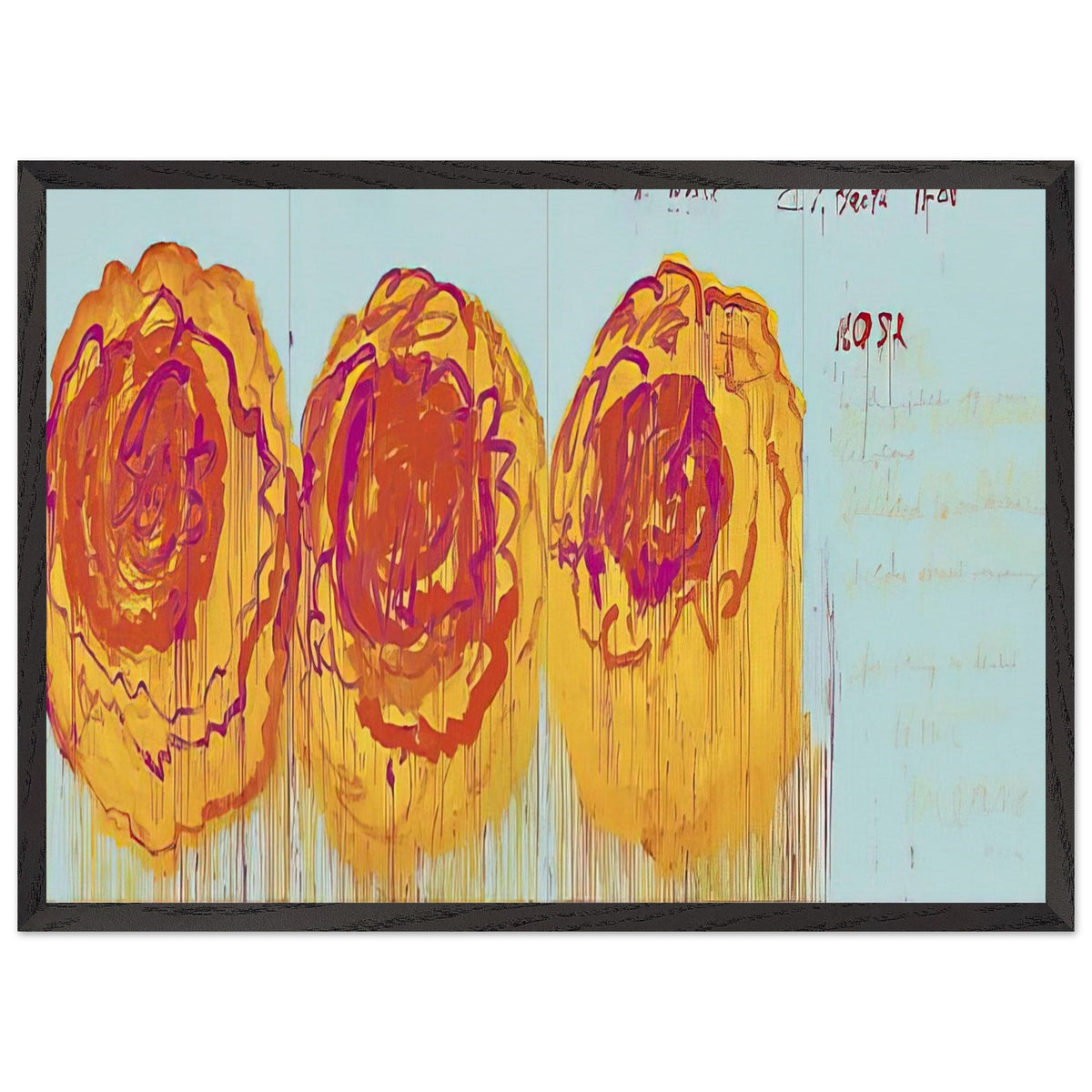 The Rose (I) by Cy Twombly framed art print; featuring three large, abstract rose forms painted in radiant golden yellow, fiery orange, deep red; size 28 × 43 cm (11 × 17 in); white frame.