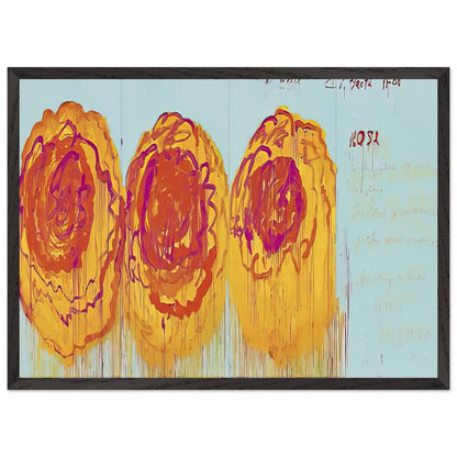 The Rose (I) by Cy Twombly framed art print; featuring three large, abstract rose forms painted in radiant golden yellow, fiery orange, deep red; size 28 × 43 cm (11 × 17 in); white frame.