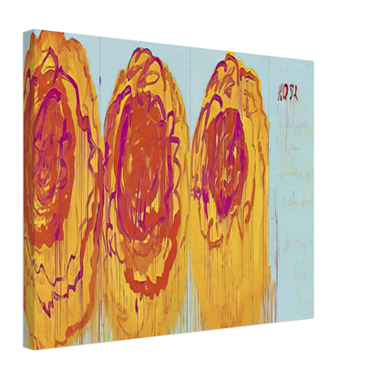 The Rose (I) by Cy Twombly canvas print, 60 × 90 cm / 24 × 36 in: This striking composition features three large, rose-inspired forms in vivid red, orange, yellow….