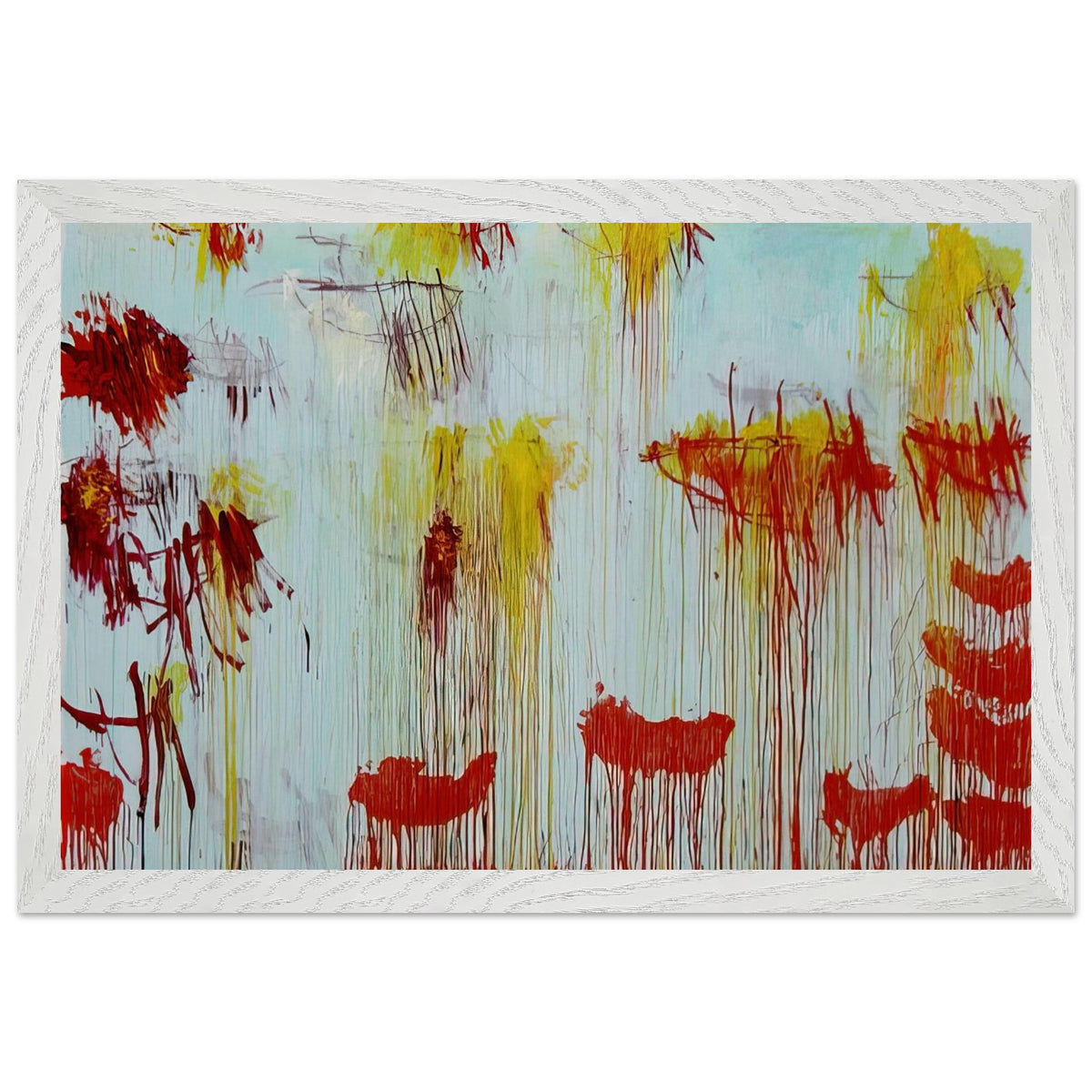 Lepanto, Part XI by Cy Twombly framed art print; featuring a luminous turquoise and pale blue background with vibrant golden-yellow brushstrokes; size 30 × 45 cm (12 × 18 in); wood frame.