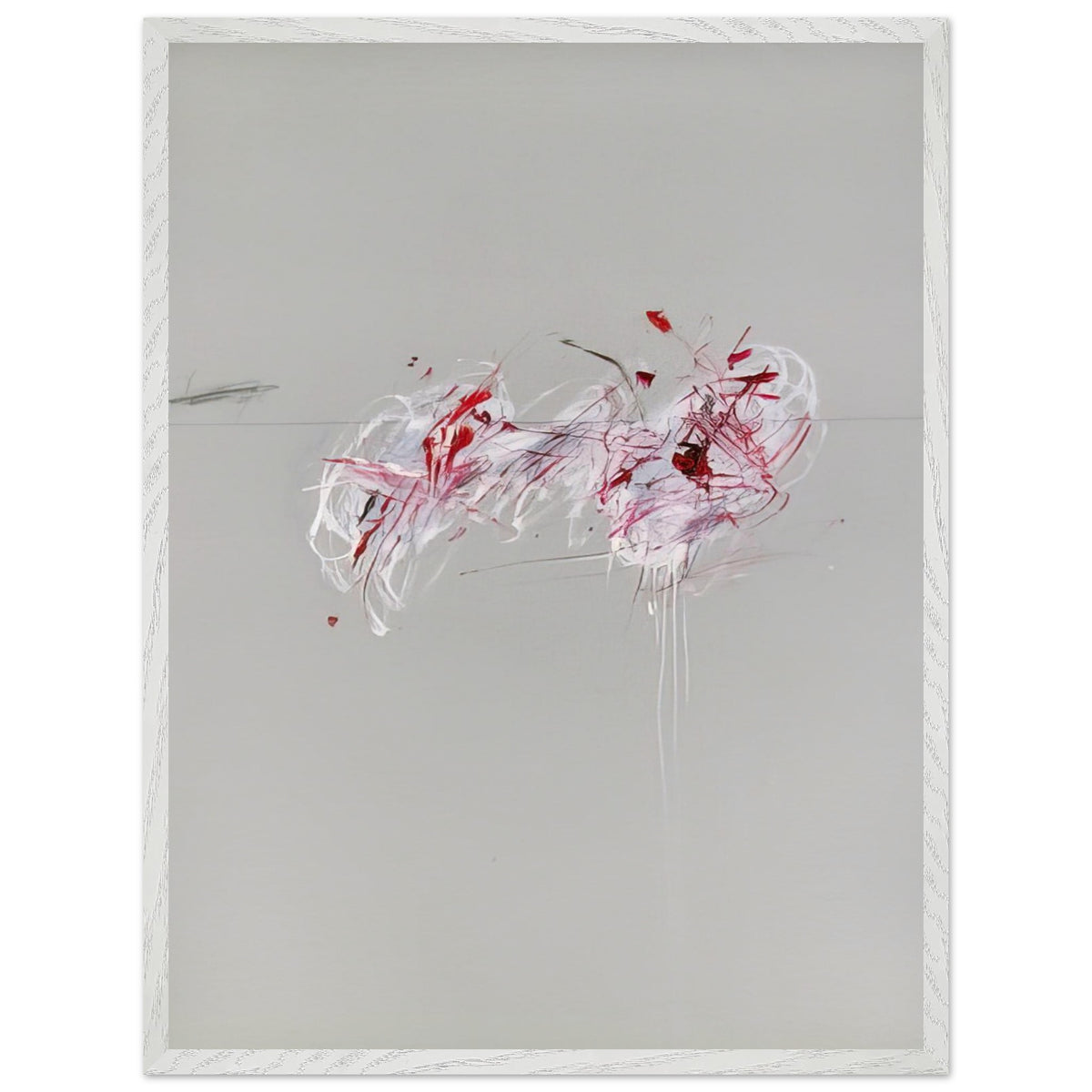 Nine Discourses on Commodus, Part II by Cy Twombly, framed art print, 50x70 cm / 20x28″, White frame; a restrained gray background, expressive red and crimson forms