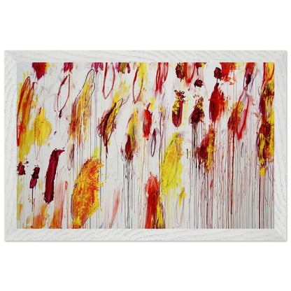 Lepanto, Part IV by Cy Twombly framed art print; featuring vivid yellow and golden-orange pigments, fiery red and crimson brushstrokes, delicate pink accents; size 28 × 43 cm (11 × 17 in); wood frame.