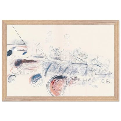 Fifty Days at Iliam: Ilians in Battle by Cy Twombly framed art print; featuring delicate blue-gray lines, energetic red marks, overlapping geometric shapes; size 50 × 70 cm (20 × 28 in); wood frame.