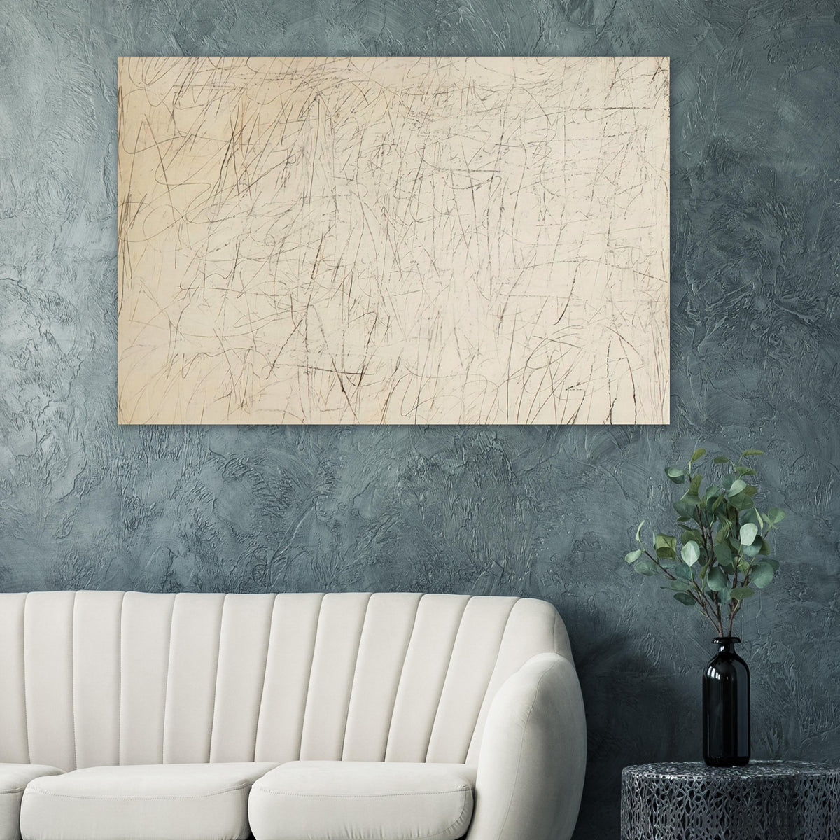 The Geeks by Cy Twombly poster: This expressive composition features a warm ivory background covered with an intricate network….