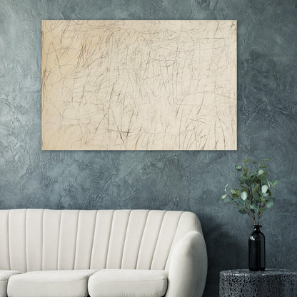 The Geeks by Cy Twombly poster: This expressive composition features a warm ivory background covered with an intricate network….