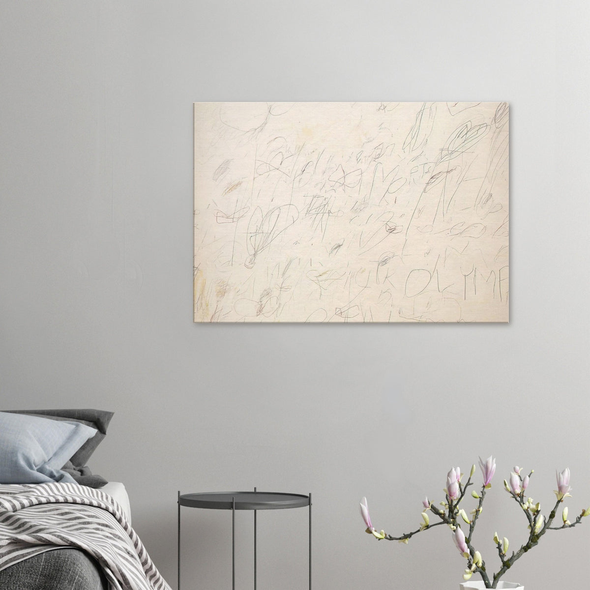 Olympia by Cy Twombly canvas print: a pale ivory background layered with delicate graphite-like lines, spontaneous scribbles….