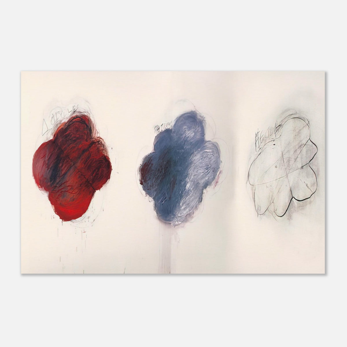 Fifty Days at Iliam: Shades of Achilles, Patroclus, and Hector by Cy Twombly poster: three cloud-like forms arranged across a pale background: a rich red shape on the left….