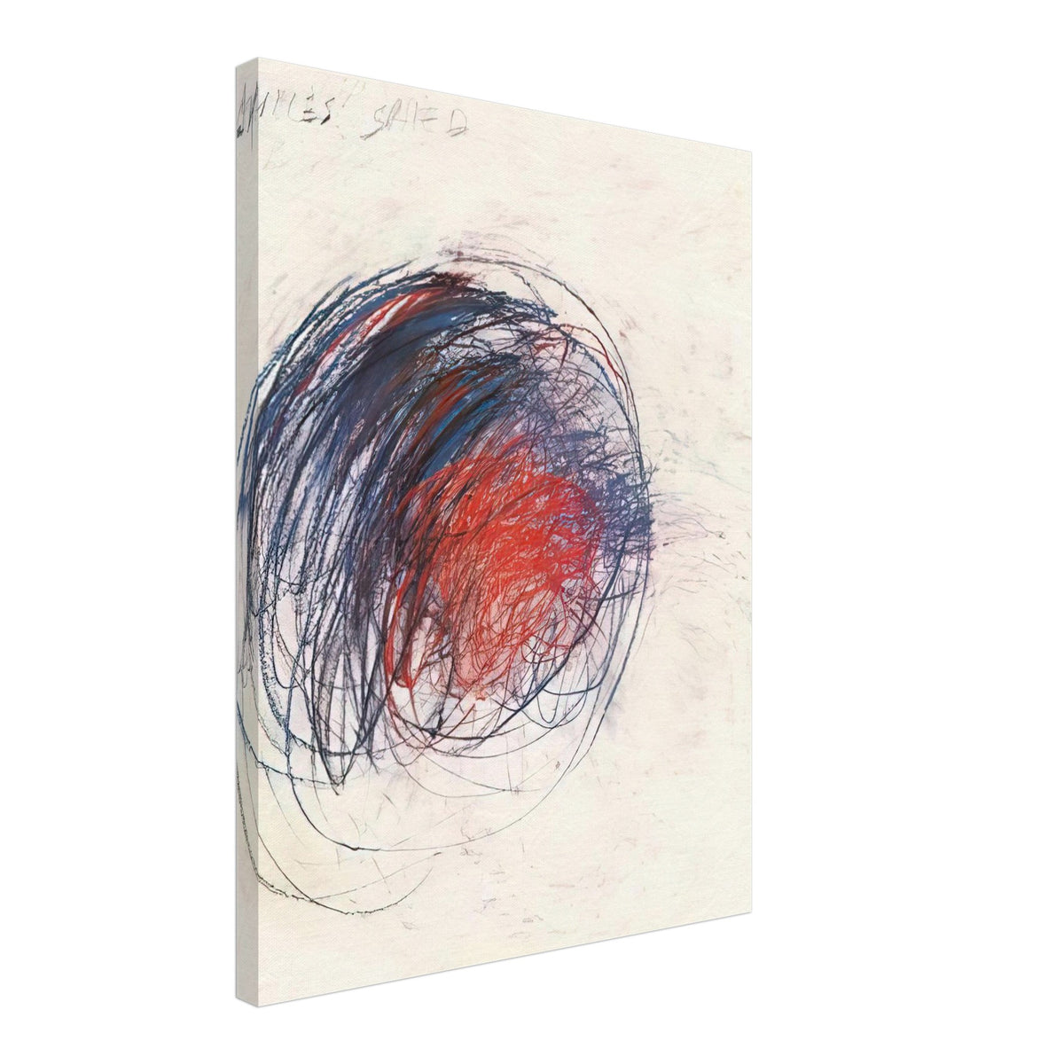 Fifty Days at Iliam: Shield of Achilles by Cy Twombly, canvas print, 70x100 cm / 28x40″; intricate black lines, expressive red strokes, deep blue accents