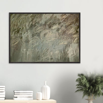 III Notes from Salalah (Note II) by Cy Twombly framed art print; featuring intricate ivory and pale gray looping lines across a richly layered background of muted olive green, gray.