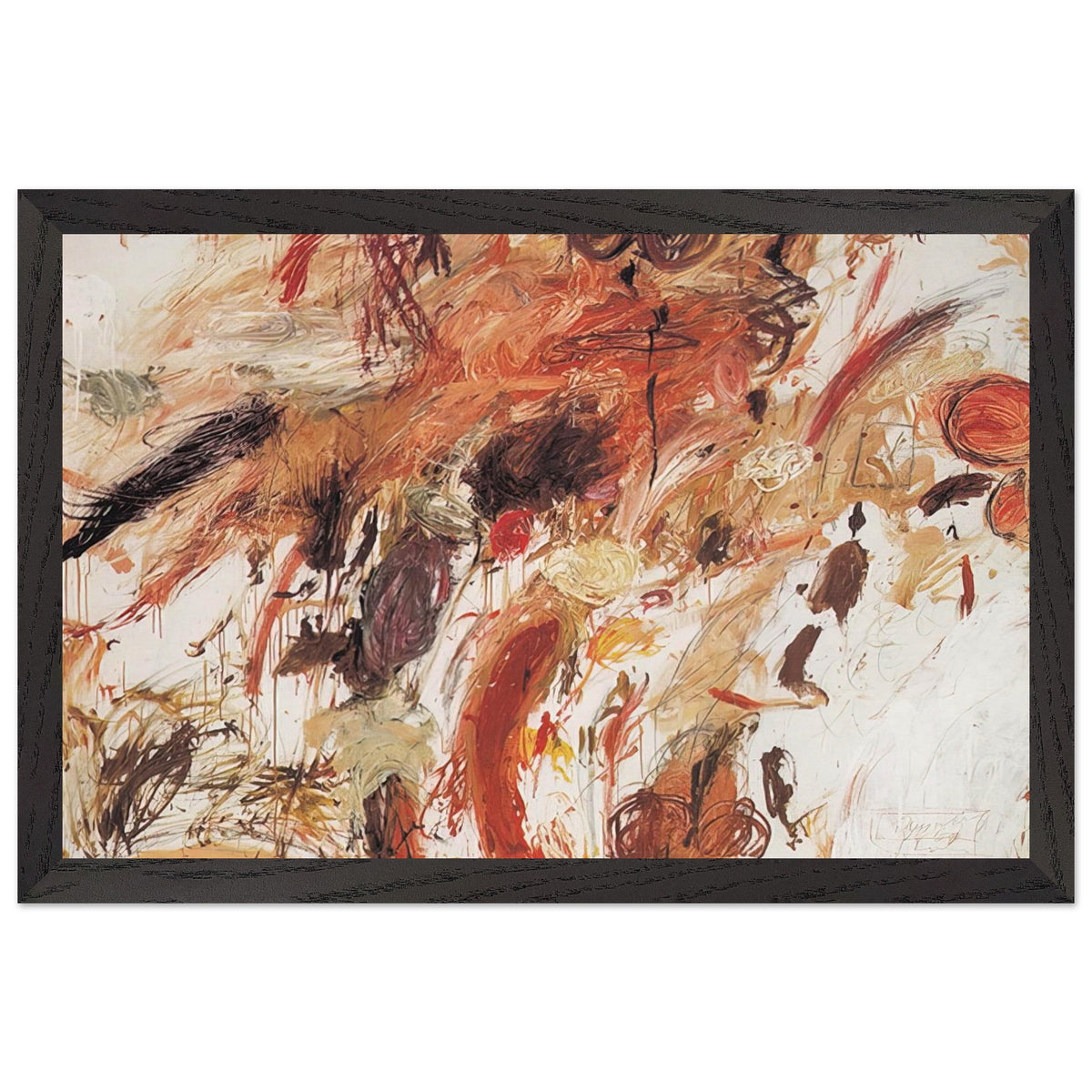 Ferragosto V by Cy Twombly framed art print; featuring energetic brushstrokes, layered pigments, and spontaneous gestures in shades of rust red, burnt orange; size 28 × 43 cm (11 × 17 in); wood frame.