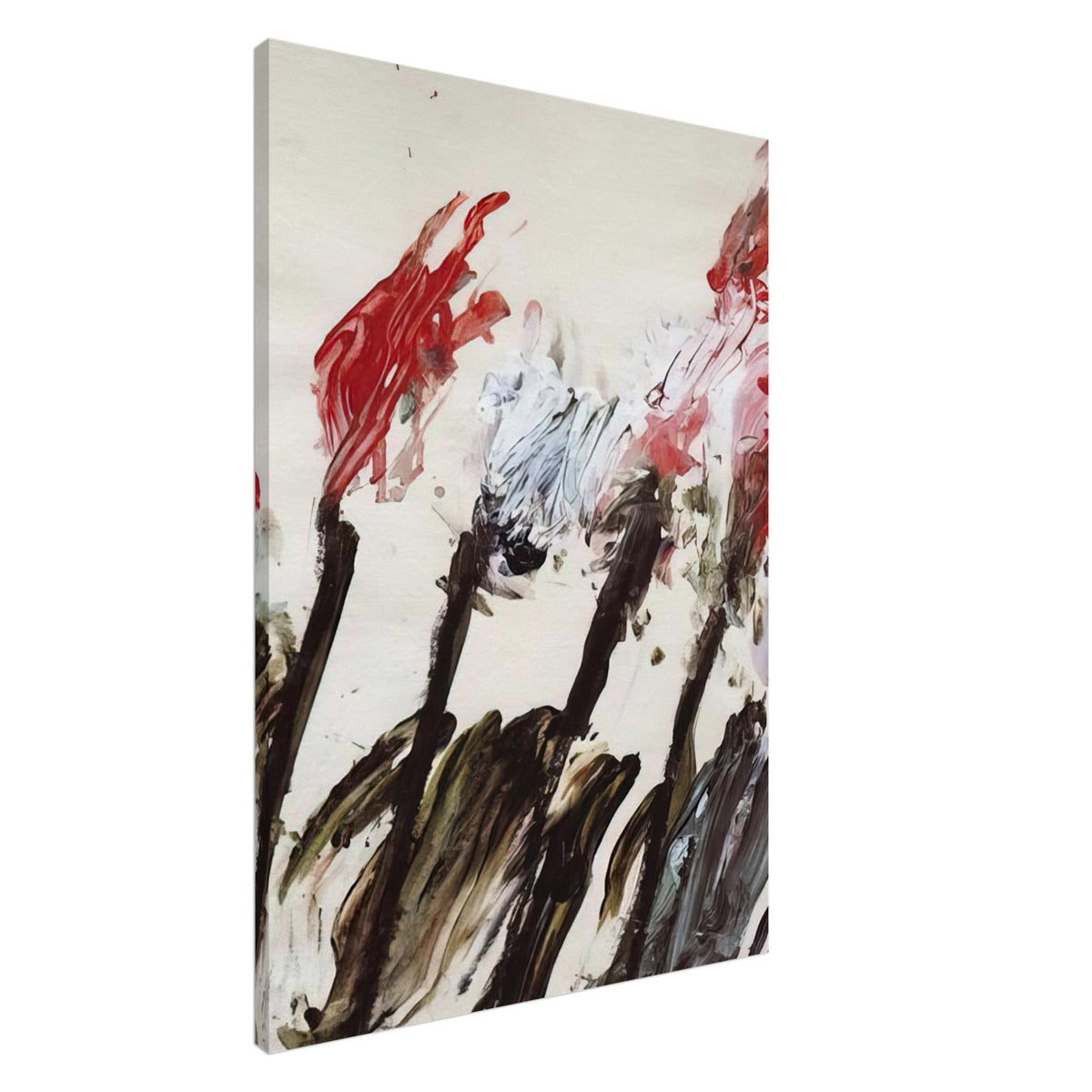 Nicola's Irises by Cy Twombly, canvas print, 45x60 cm / 18x24″; sweeping red and crimson brushstrokes, delicate pink accents, cool blue details