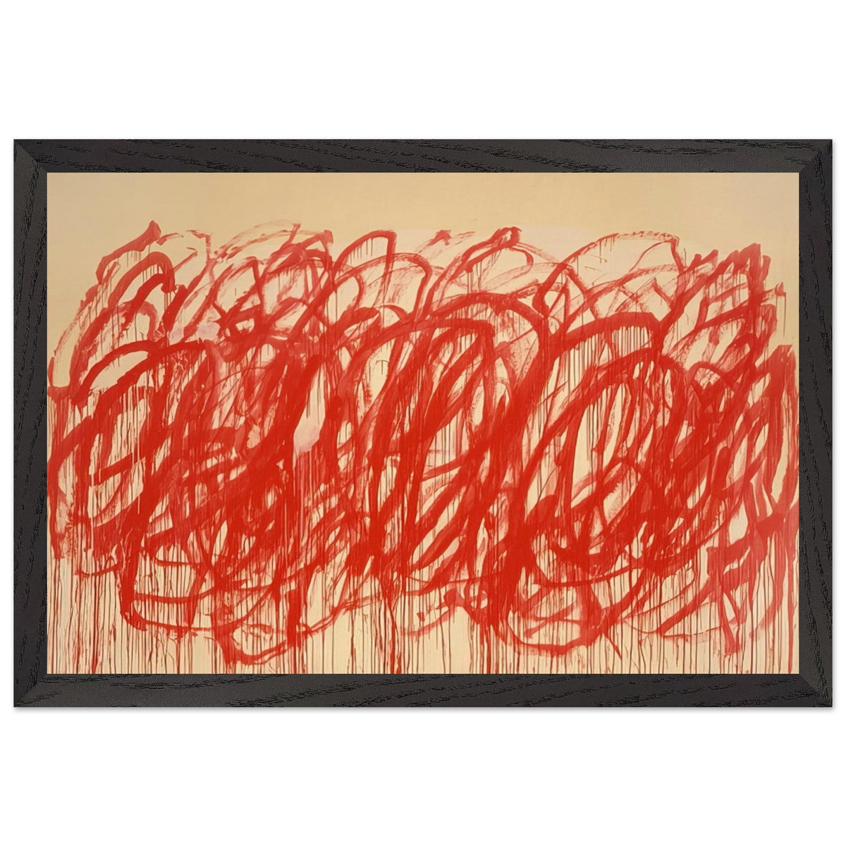 Untitled (Bacchus) by Cy Twombly framed art print; featuring sweeping vermilion-red brushstrokes, overlapping loops, energetic curves; size A1 (59.4 × 84.1 cm); black frame.
