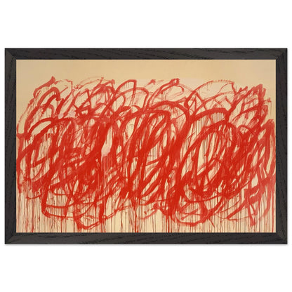Untitled (Bacchus) by Cy Twombly framed art print; featuring sweeping vermilion-red brushstrokes, overlapping loops, energetic curves; size A1 (59.4 × 84.1 cm); black frame.