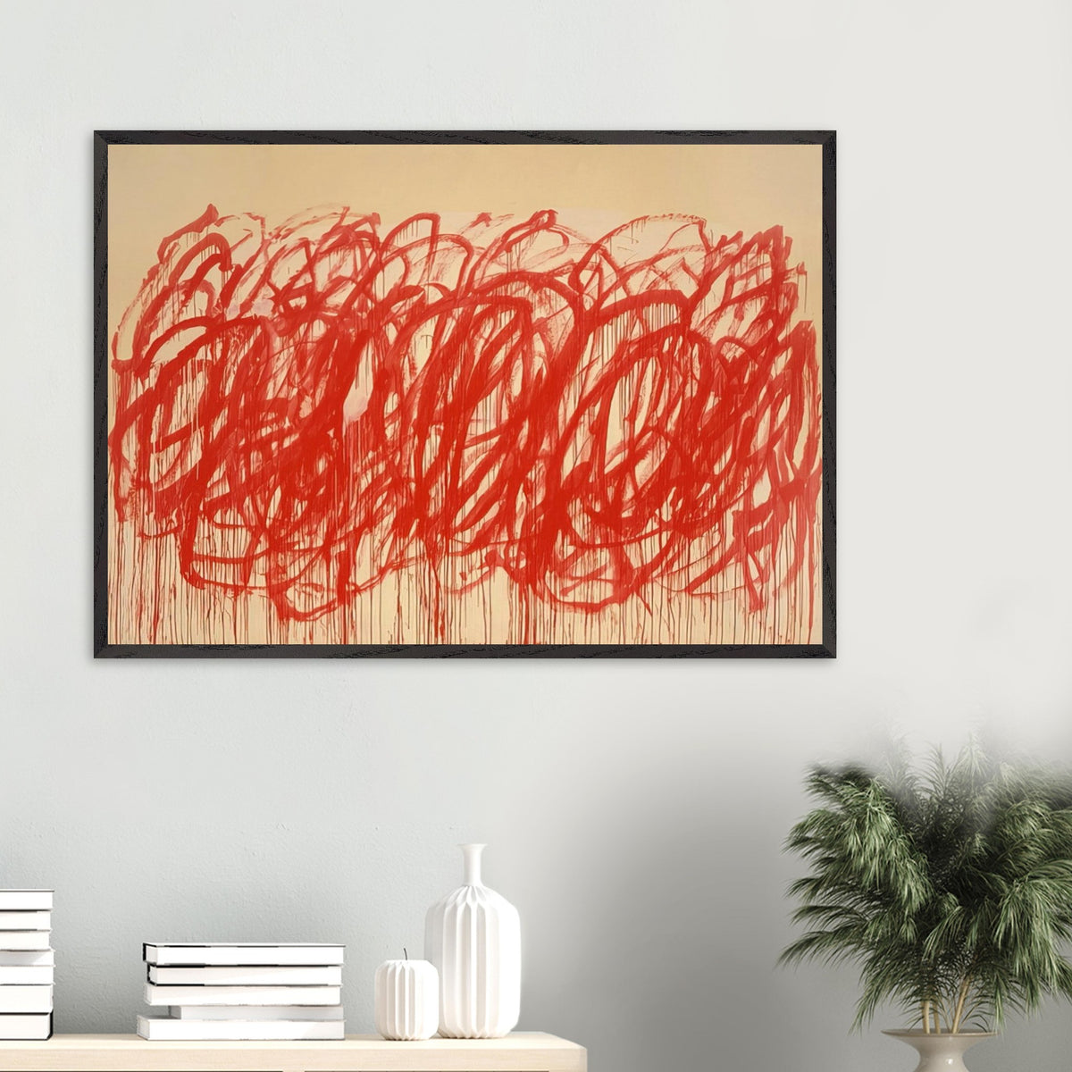 Untitled (Bacchus) by Cy Twombly framed art print; featuring sweeping vermilion-red brushstrokes, overlapping loops, energetic curves.