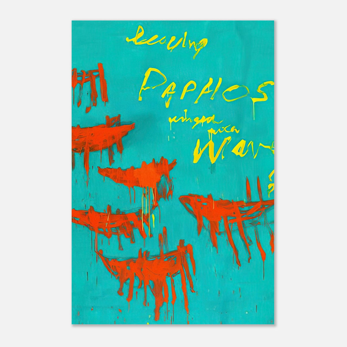 Leaving Paphos Ringed with Waves (III) by Cy Twombly, poster; a turquoise background with bold orange-red boat-like forms and spontaneous yellow handwritten lettering