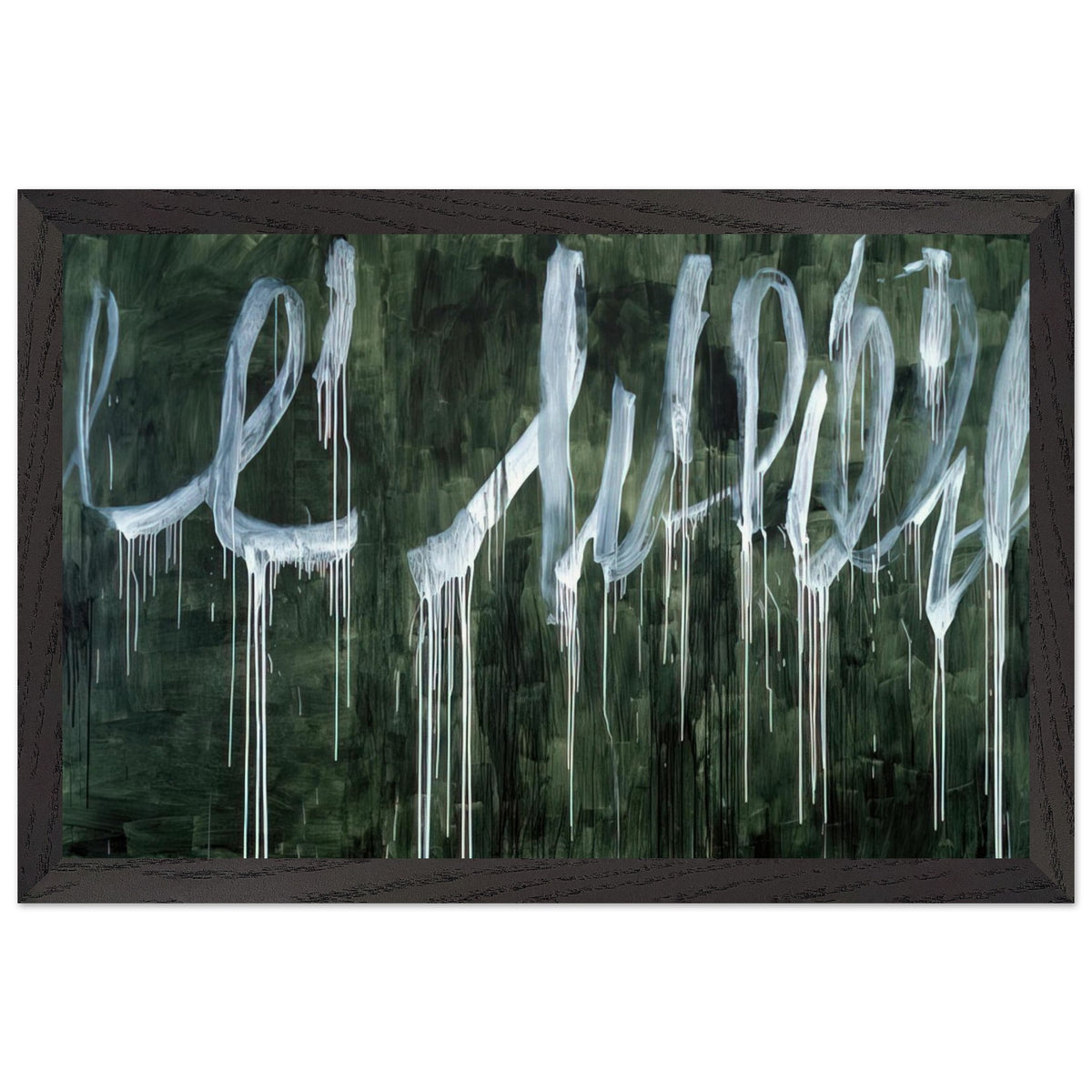 III Notes from Salalah (Note I) by Cy Twombly framed art print; featuring expressive white looping strokes and elongated paint drips against a rich, dark green background; size A1 (59.4 × 84.1 cm); black frame.
