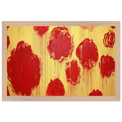 Untitled (Peonias Series) by Cy Twombly framed art print; featuring bold crimson-red and scarlet flower forms against a luminous golden-yellow background; size 800 × 1200 mm (32 × 48 in); wood frame.