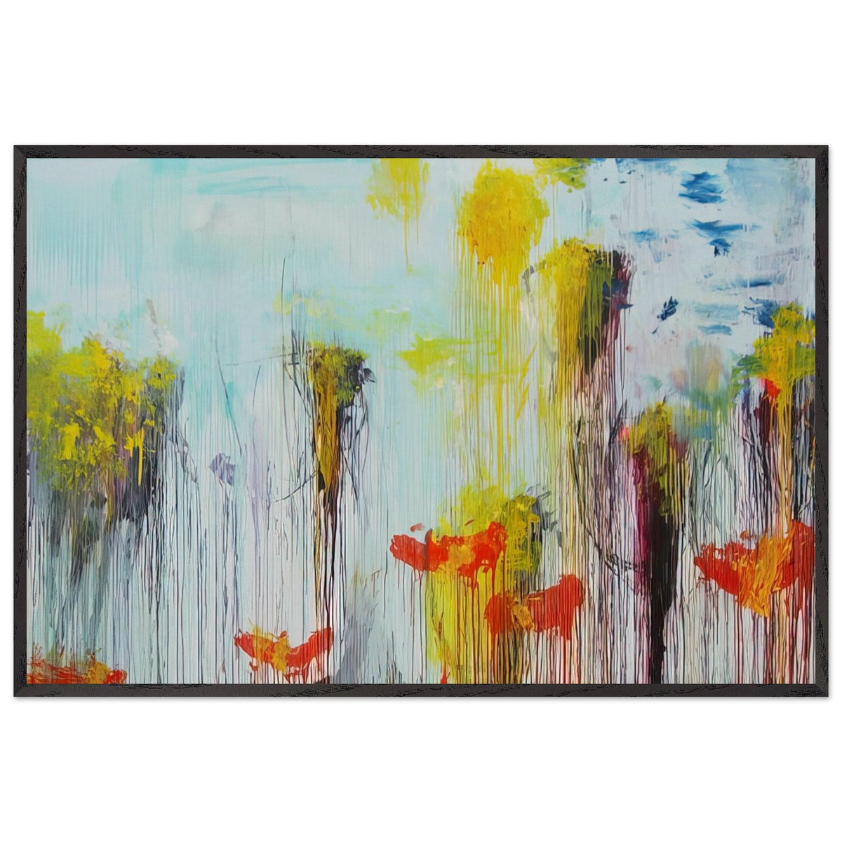 Lepanto, Part VII by Cy Twombly framed art print; featuring vibrant turquoise and aquamarine tones, vivid yellow brushstrokes, fiery orange and red accents; size 28 × 43 cm (11 × 17 in); black frame.