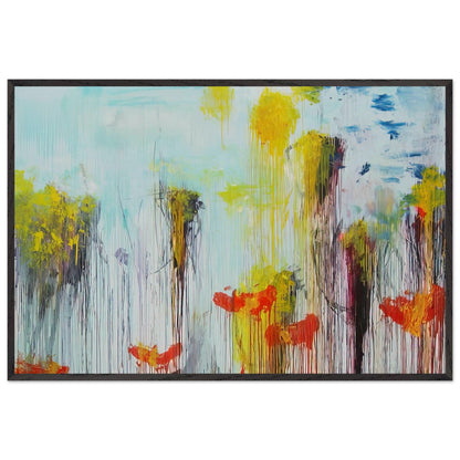 Lepanto, Part VII by Cy Twombly framed art print; featuring vibrant turquoise and aquamarine tones, vivid yellow brushstrokes, fiery orange and red accents; size 28 × 43 cm (11 × 17 in); black frame.