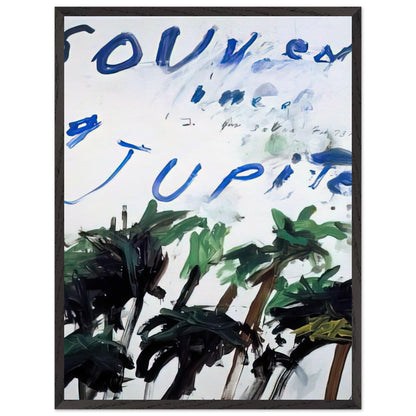 Souvenir of Jupiter by Cy Twombly, framed art print, handwritten lettering, gestural abstraction, 27x35 cm (11x14 in), black frame
