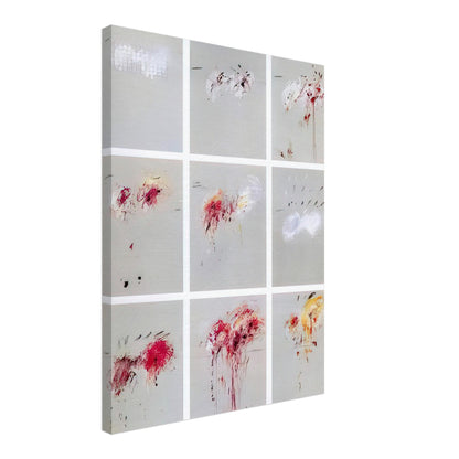 Nine Discourses on Commodus by Cy Twombly, canvas print, muted gray background with expressive red and crimson gestures, 70x100 cm (28x40 in)