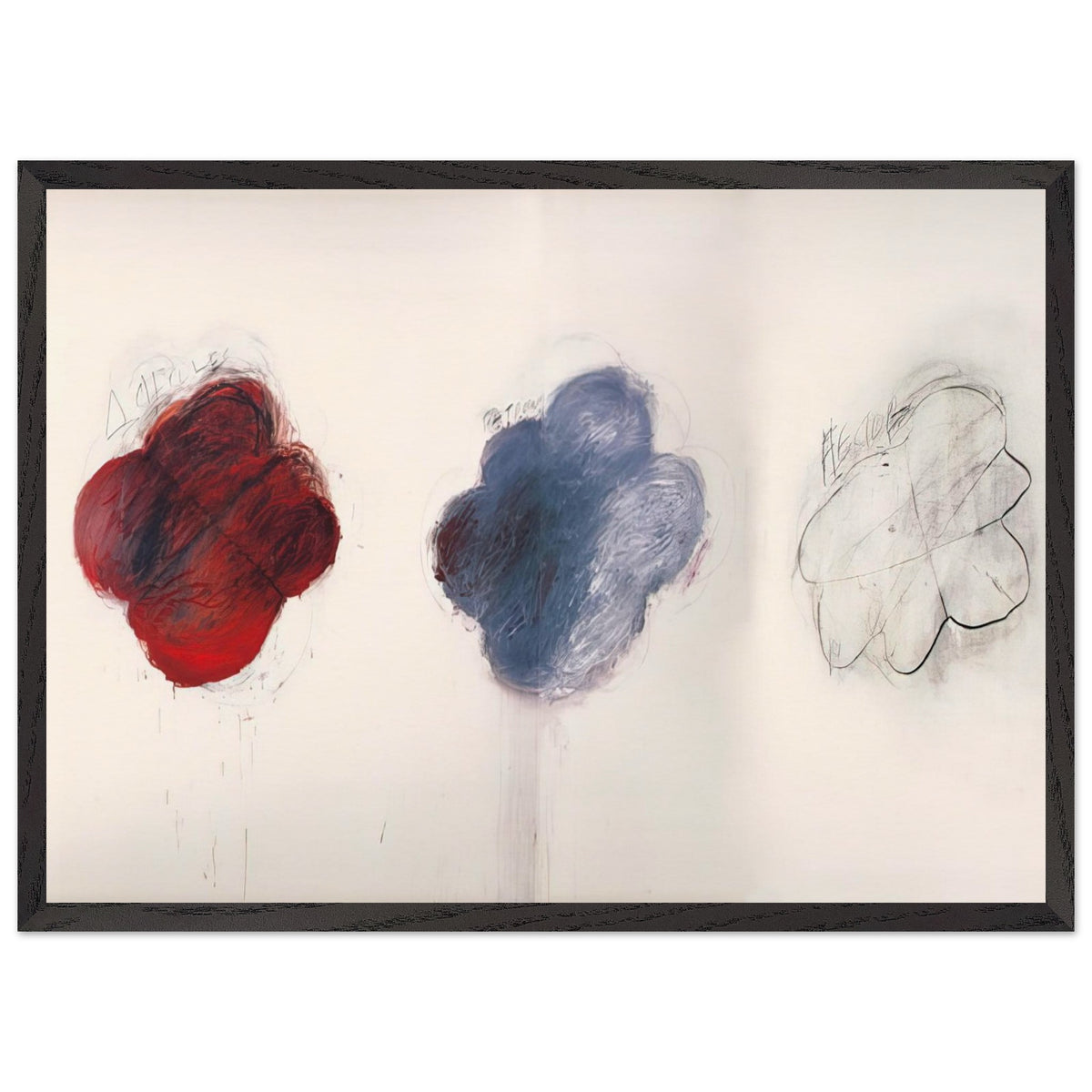 Fifty Days at Iliam: Shades of Achilles, Patroclus, and Hector by Cy Twombly framed art print; featuring three large, cloud-like forms arranged horizontally against a luminous ivory background; size 70 × 100 cm (28 × 40 in); white frame.