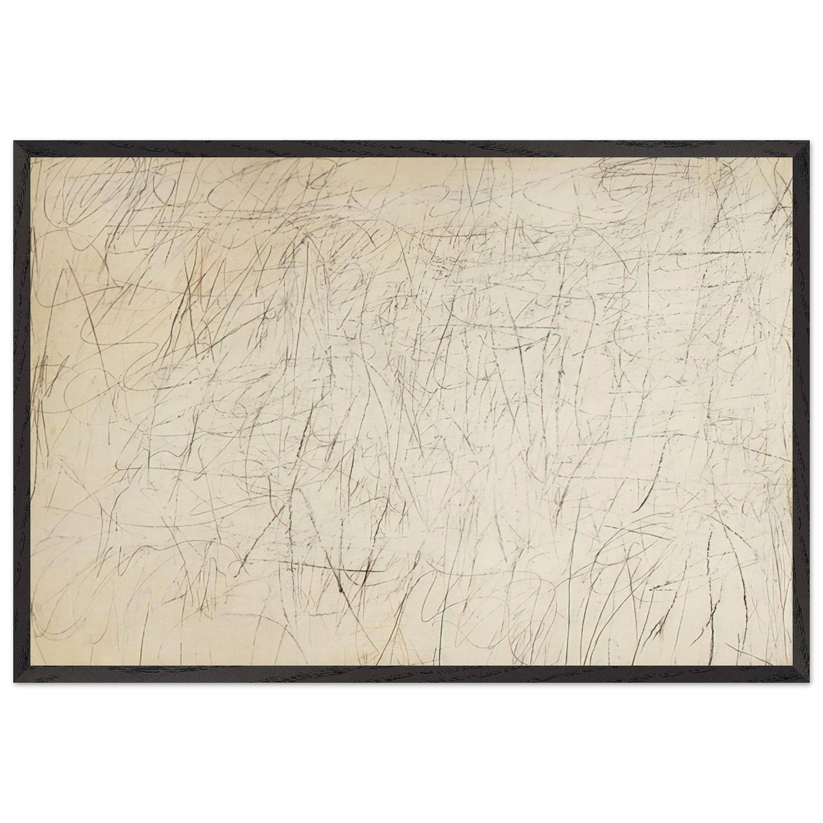 The Geeks by Cy Twombly framed art print; featuring an ivory and warm beige background covered with delicate pencil-like scribbles, intersecting lines; size 70 × 100 cm (28 × 40 in); black frame.