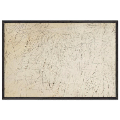 The Geeks by Cy Twombly framed art print; featuring an ivory and warm beige background covered with delicate pencil-like scribbles, intersecting lines; size 70 × 100 cm (28 × 40 in); black frame.