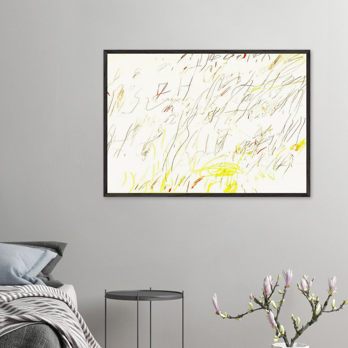 Blue Room by Cy Twombly framed art print; featuring delicate, spontaneous scribbles and gestural lines in shades of black, red, orange.