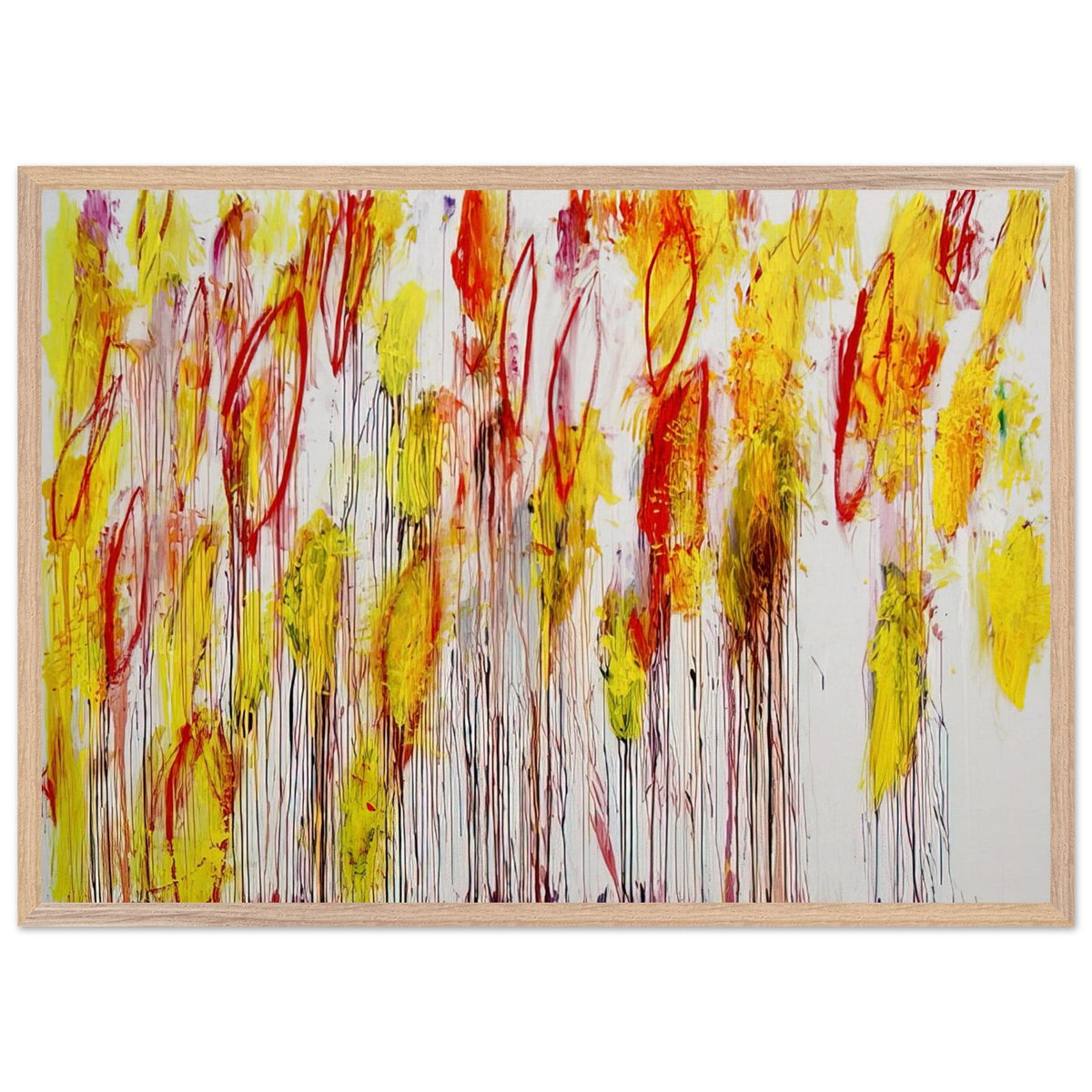 Lepanto, Part I by Cy Twombly framed art print; featuring vivid yellow and golden-orange brushstrokes, fiery red accents, delicate pink marks; size 60 × 90 cm (24 × 36 in); white frame.