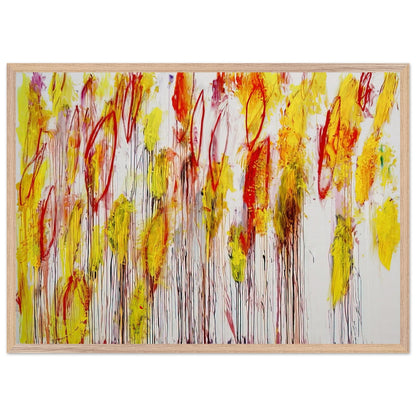 Lepanto, Part I by Cy Twombly framed art print; featuring vivid yellow and golden-orange brushstrokes, fiery red accents, delicate pink marks; size 60 × 90 cm (24 × 36 in); white frame.