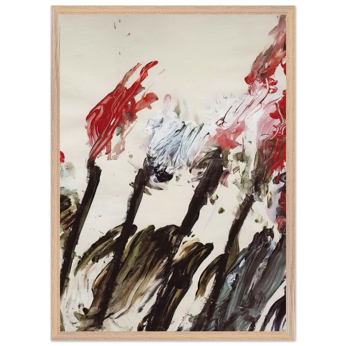 Nicola's Irises by Cy Twombly, framed art print, 70x100 cm / 28x40″, White frame; sweeping red and crimson brushstrokes, delicate pink accents, cool blue details