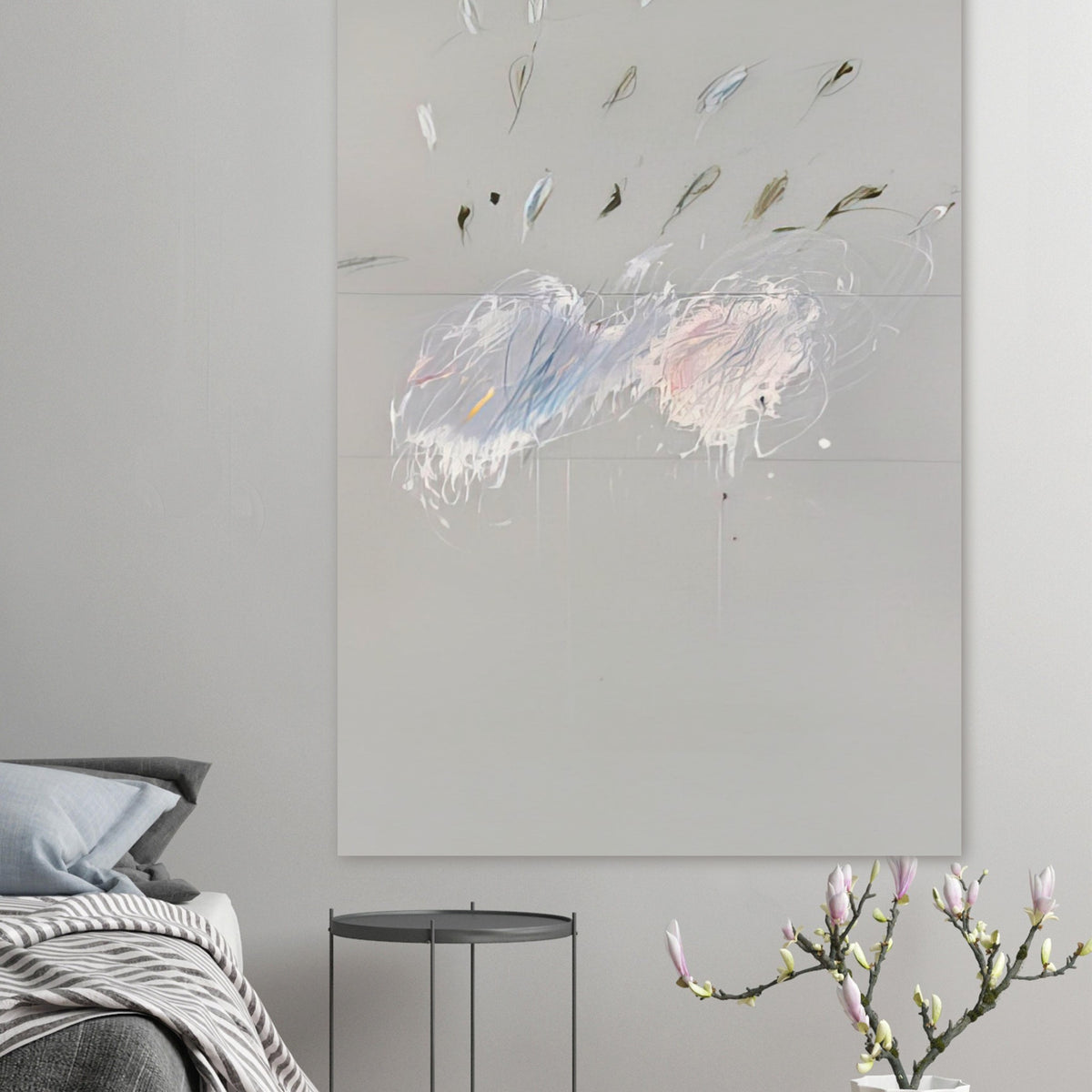 Nine Discourses on Commodus, Part VI by Cy Twombly, poster, muted gray background, delicate white brushstrokes