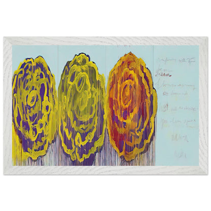 The Rose (III) by Cy Twombly framed art print; featuring three oversized rose-like forms in vivid golden yellow, fiery orange, rich magenta; size 50 × 70 cm (20 × 28 in); wood frame.