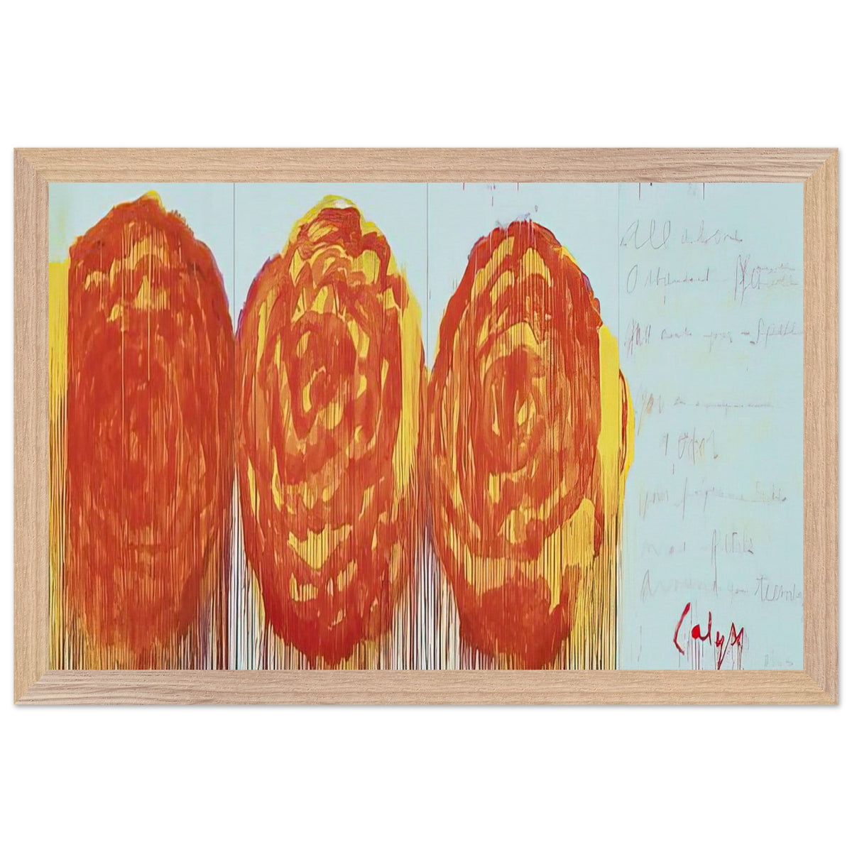 The Rose (II) by Cy Twombly framed art print; featuring three oversized rose-like forms in vibrant orange, fiery red; size A1 (59.4 × 84.1 cm); white frame.